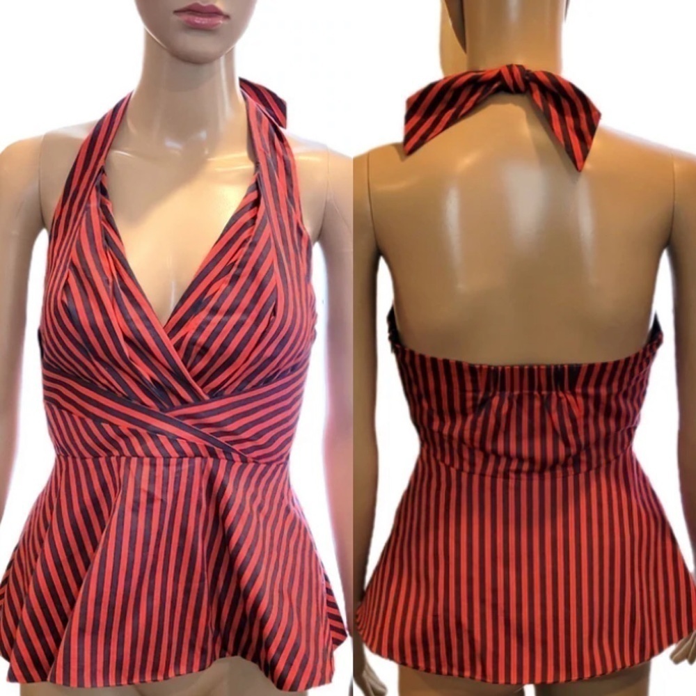 Anthropologie Odille striped cross over halter peplum top red 4 small